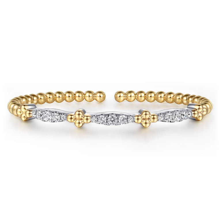 14K White  Yellow Gold Bujukan Clover and Diamond Marquise Split Bangle Bracelet - 0.75 ct - Shot 1