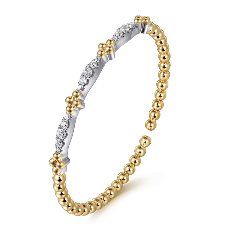 14K White  Yellow Gold Bujukan Clover and Diamond Marquise Split Bangle Bracelet - 0.75 ct - Shot 2