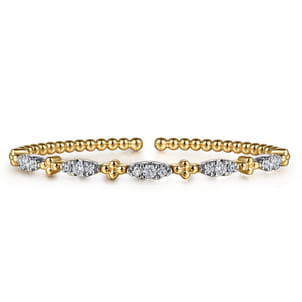 14K White  Yellow Gold Bujukan Clover and Diamond Station Split Bangle Bracelet