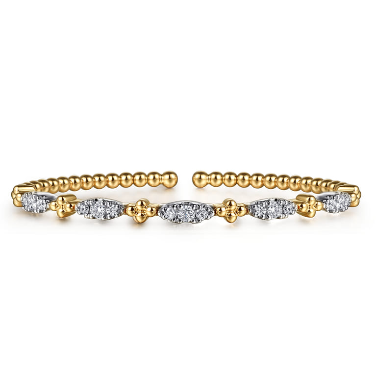 14K White  Yellow Gold Bujukan Clover and Diamond Station Split Bangle Bracelet - 0.75 ct - Shot 1
