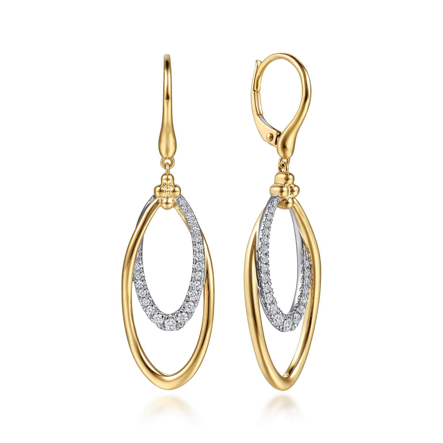 14K White Yellow Gold Bujukan Clover and Graduating Diamond Huggie Drop Earrings - 0.35 ct - Shot 1