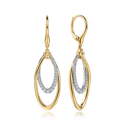 14K White Yellow Gold Bujukan Clover and Graduating Diamond Huggie Drop Earrings