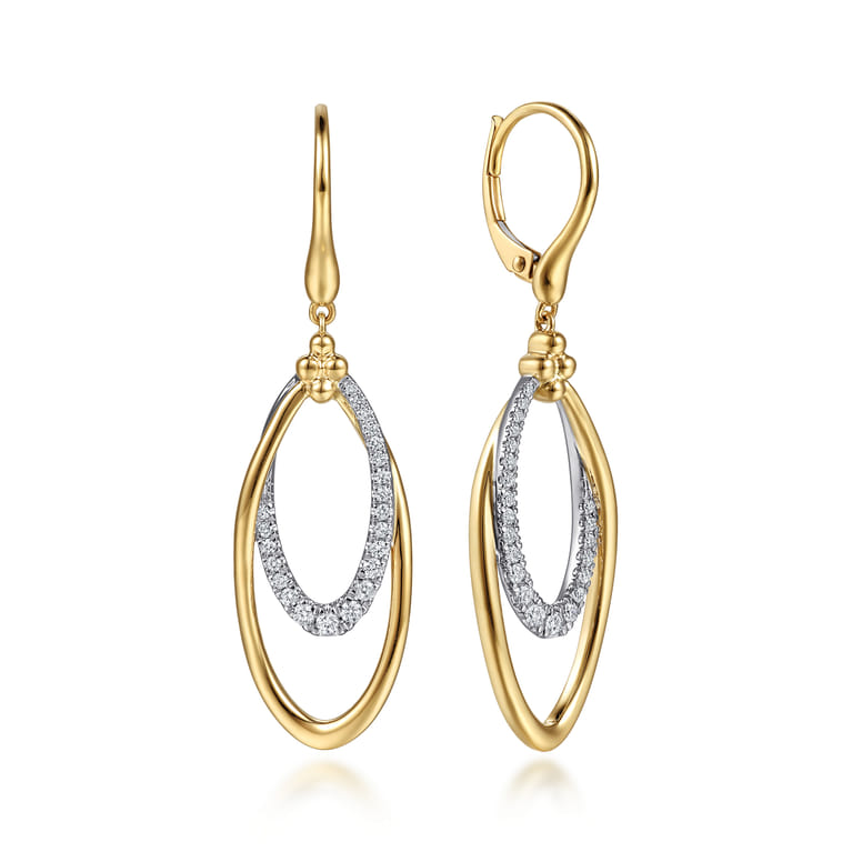 14K White Yellow Gold Bujukan Clover and Graduating Diamond Huggie Drop Earrings - 0.35 ct - Shot 1