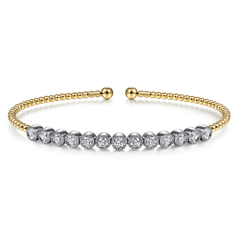 14K White Yellow Gold Bujukan Cuff Bracelet with Bezel Set White Gold Diamonds - 1 ct - Shot 1