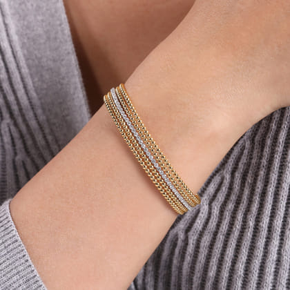 14K White-Yellow Gold Bujukan Cuff Bracelet with Butter Cup Setting in size 6.5