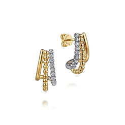 14K White & Yellow Gold Bujukan Diamond 3 Row J Hoop Stud Earrings