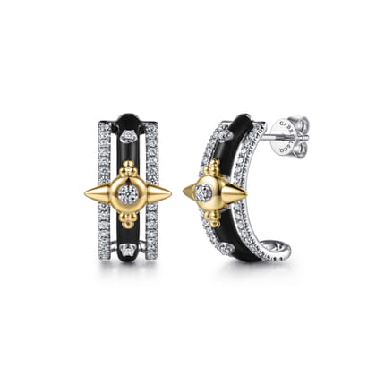14K White Yellow Gold Bujukan Diamond Bullet J Hoop Earrings with Black Enamel