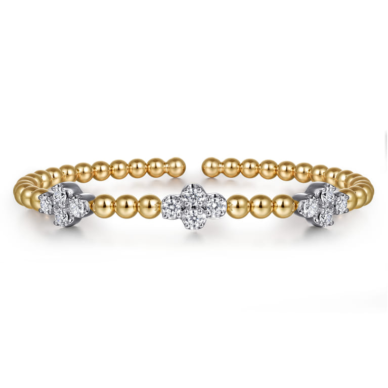 14K White  Yellow Gold Bujukan Diamond Clover Split Bangle Bracelet - 1.05 ct - Shot 1