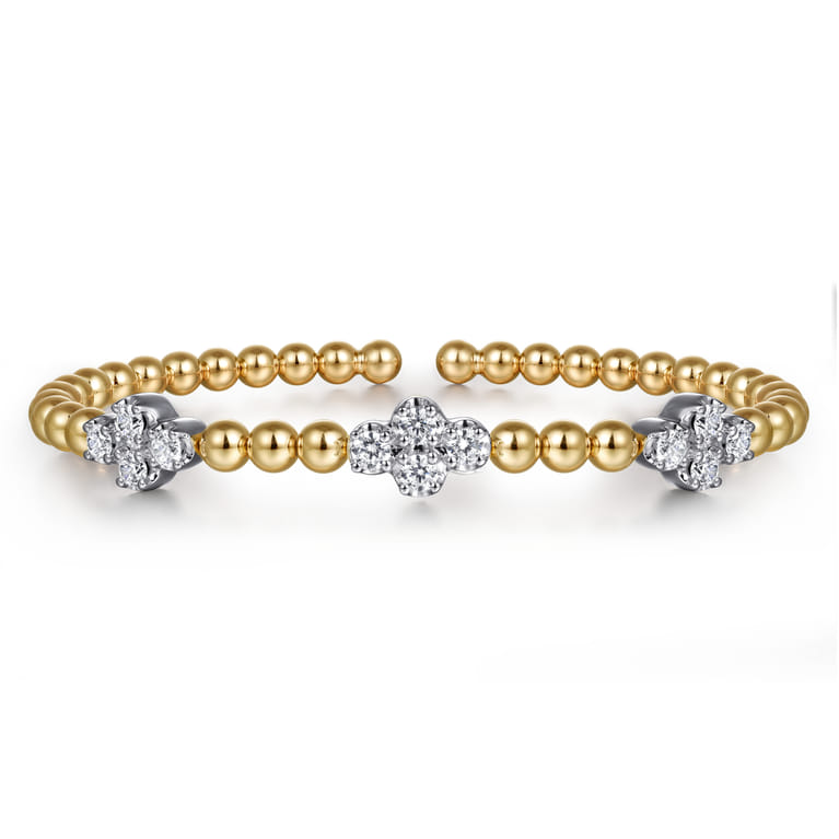 14K White  Yellow Gold Bujukan Diamond Clover Split Bangle Bracelet - 1.05 ct - Shot 1
