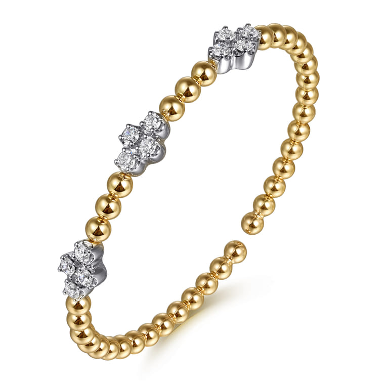 14K White  Yellow Gold Bujukan Diamond Clover Split Bangle Bracelet - 1.05 ct - Shot 2