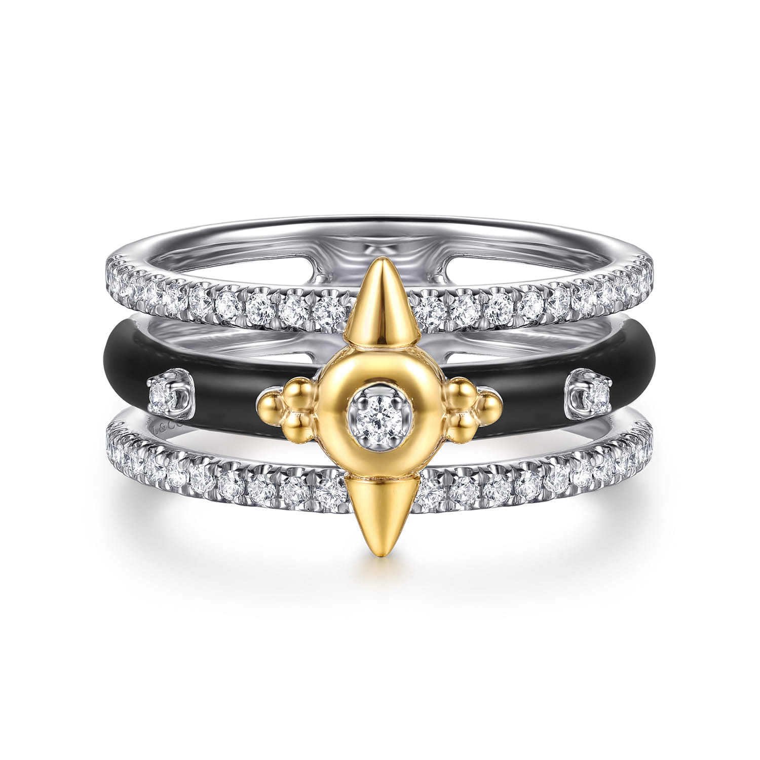 14K White Yellow Gold Bujukan Diamond Spike Easy Stackable Ring with Black Enamel - 0.3 ct - Shot 1