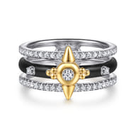 14K White Yellow Gold Bujukan Diamond Spike Easy Stackable Ring with Black Enamel