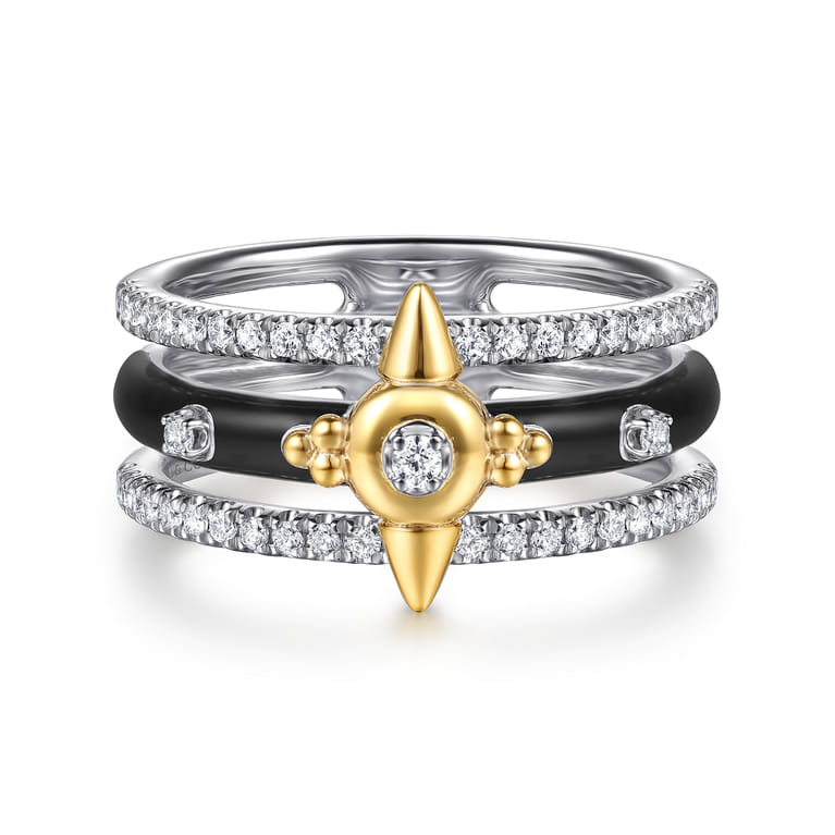 14K White Yellow Gold Bujukan Diamond Spike Easy Stackable Ring with Black Enamel - 0.3 ct - Shot 1