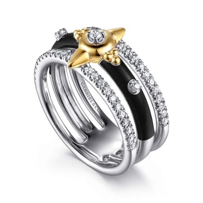 14K White Yellow Gold Bujukan Diamond Spike Easy Stackable Ring with Black Enamel