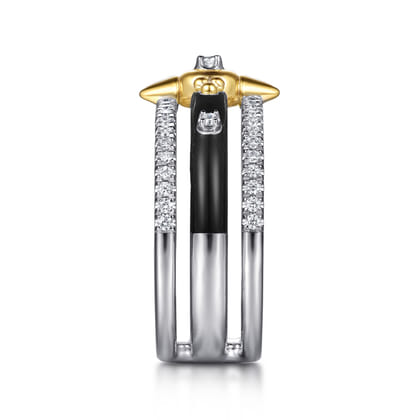 14K White Yellow Gold Bujukan Diamond Spike Easy Stackable Ring with Black Enamel