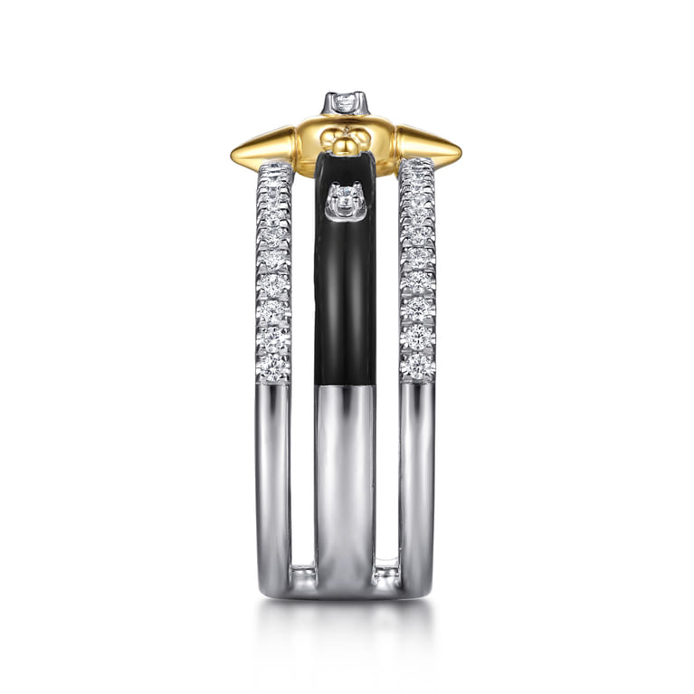 14K White Yellow Gold Bujukan Diamond Spike Easy Stackable Ring with Black Enamel - 0.3 ct - Shot 4