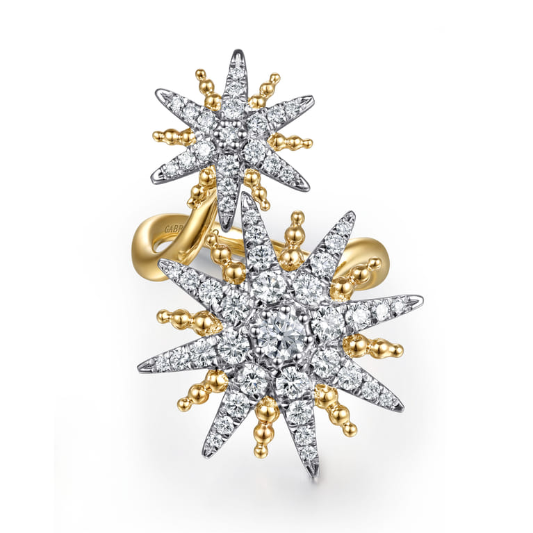 14K White  Yellow Gold Bujukan Diamond Starburst Bypass Ring - 1.25 ct - Shot 1