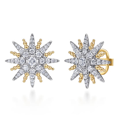 14K White  Yellow Gold Bujukan Diamond Starburst Stud Earrings