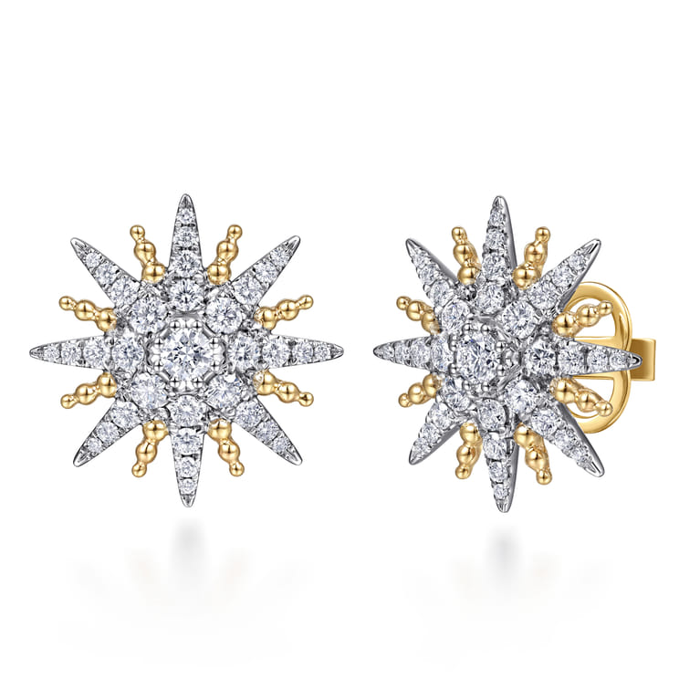 14K White  Yellow Gold Bujukan Diamond Starburst Stud Earrings - 2.05 ct - Shot 1