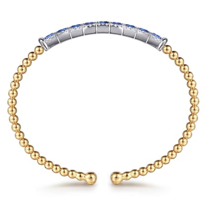 14K White  Yellow Gold Bujukan Diamond and Baguette Blue Sapphire Bar Split Bangle Bracelet