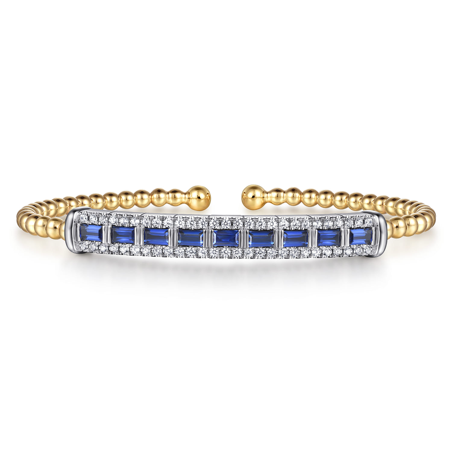 14K White  Yellow Gold Bujukan Diamond and Baguette Blue Sapphire Bar Split Bangle Bracelet - 0.4 ct - Shot 1