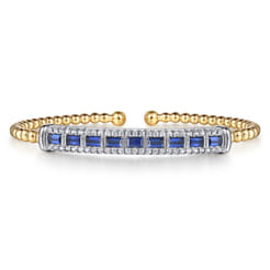 14K White  Yellow Gold Bujukan Diamond and Baguette Blue Sapphire Bar Split Bangle Bracelet