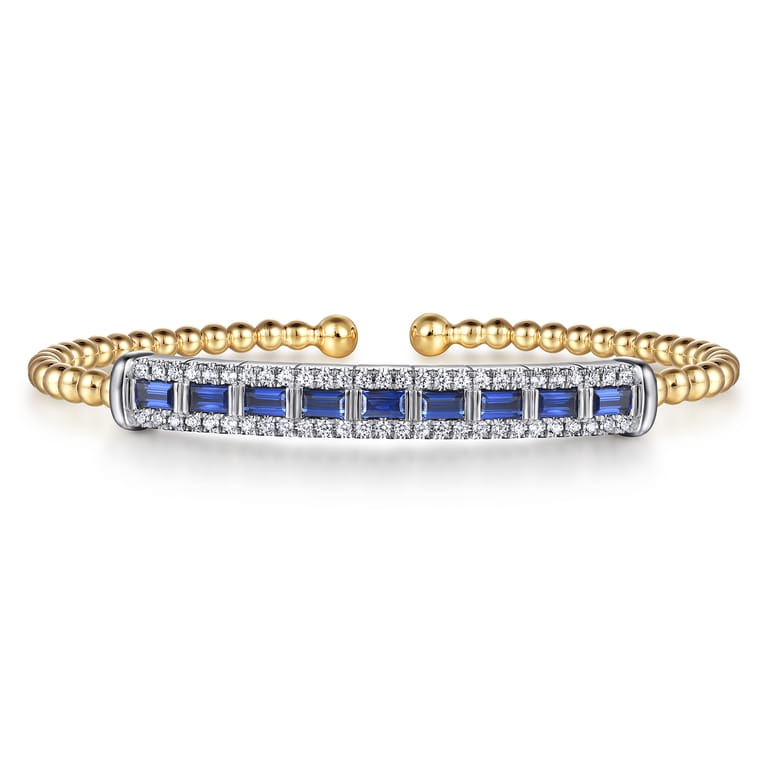 14K White  Yellow Gold Bujukan Diamond and Baguette Blue Sapphire Bar Split Bangle Bracelet - 0.4 ct - Shot 1
