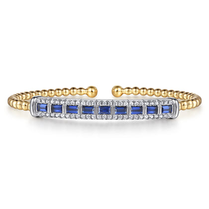 14K White  Yellow Gold Bujukan Diamond and Baguette Blue Sapphire Bar Split Bangle Bracelet
