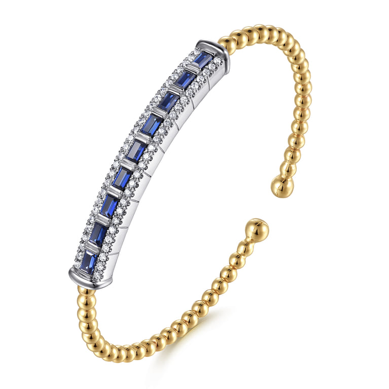 14K White  Yellow Gold Bujukan Diamond and Baguette Blue Sapphire Bar Split Bangle Bracelet - 0.4 ct - Shot 2