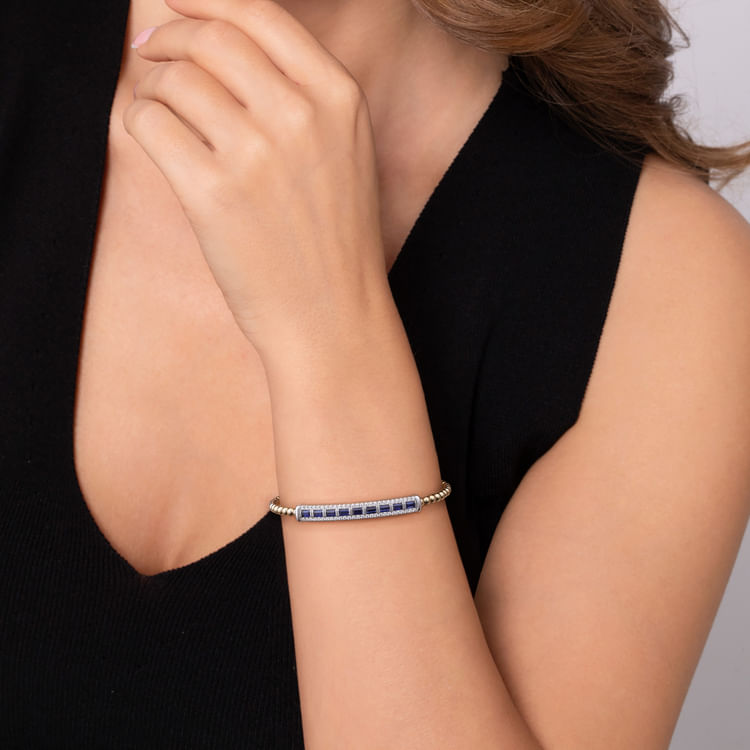 14K White  Yellow Gold Bujukan Diamond and Baguette Blue Sapphire Bar Split Bangle Bracelet