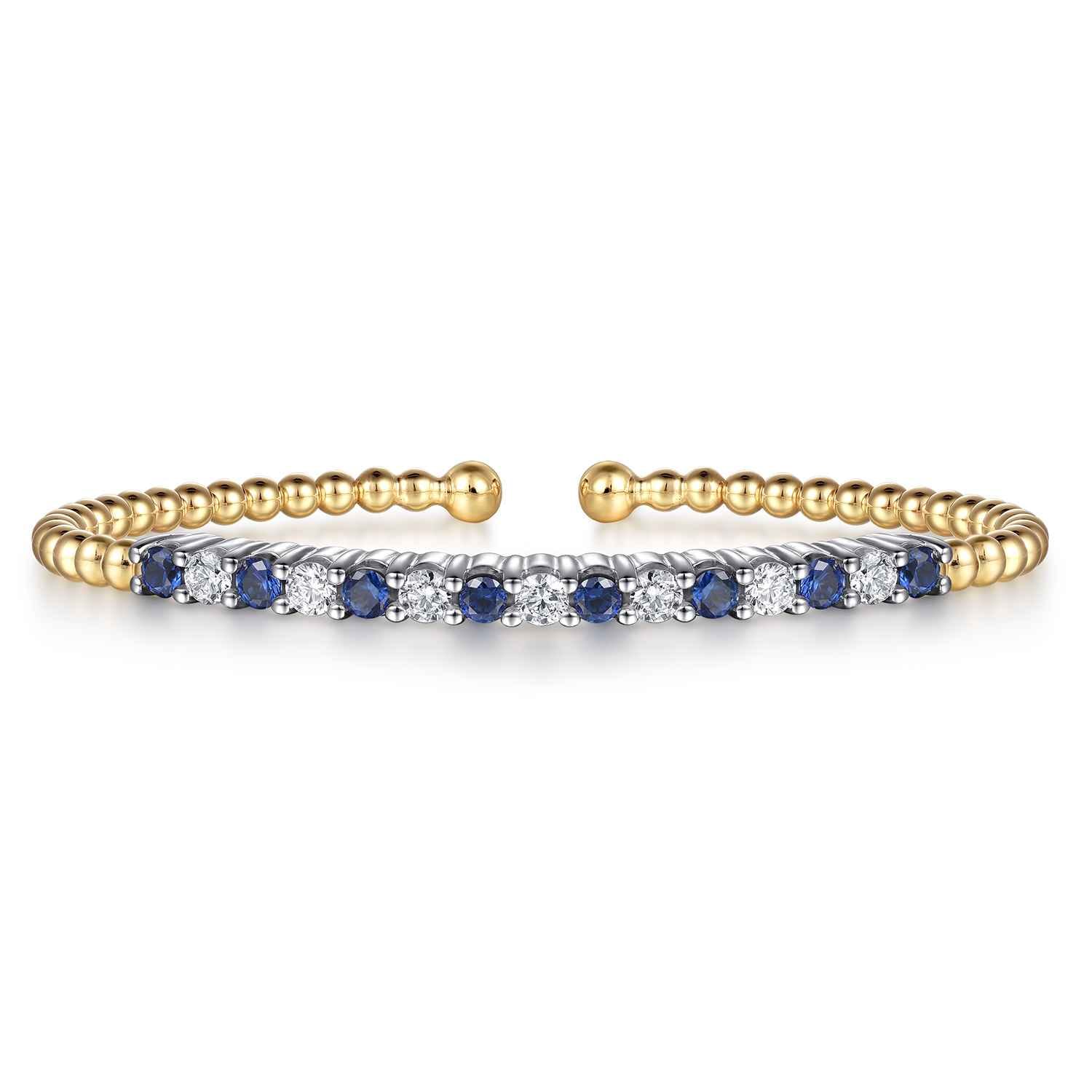 14K White  Yellow Gold Bujukan Diamond and Blue Sapphire Split Bangle Bracelet - 0.7 ct - Shot 1