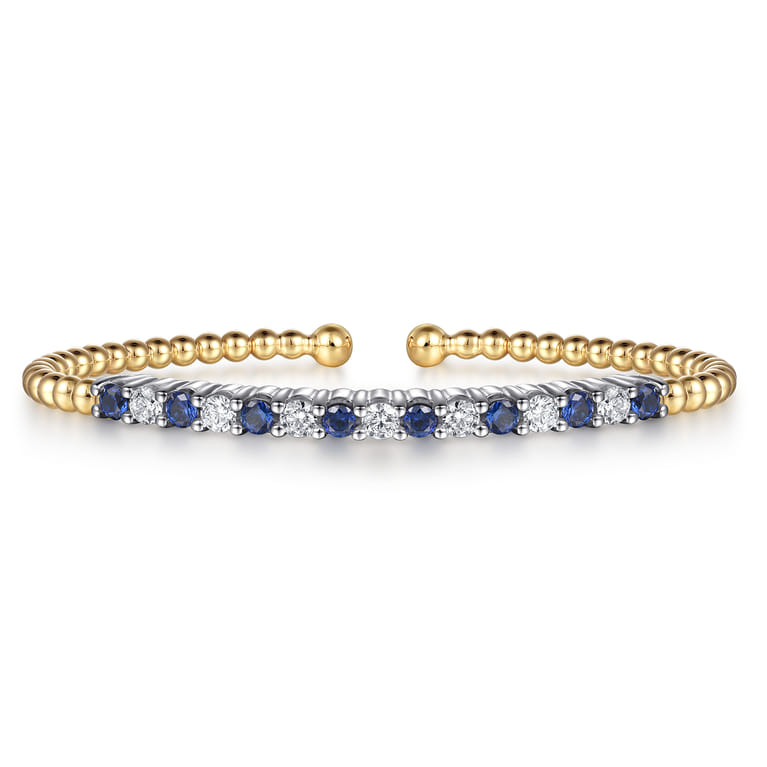 14K White  Yellow Gold Bujukan Diamond and Blue Sapphire Split Bangle Bracelet - 0.7 ct - Shot 1