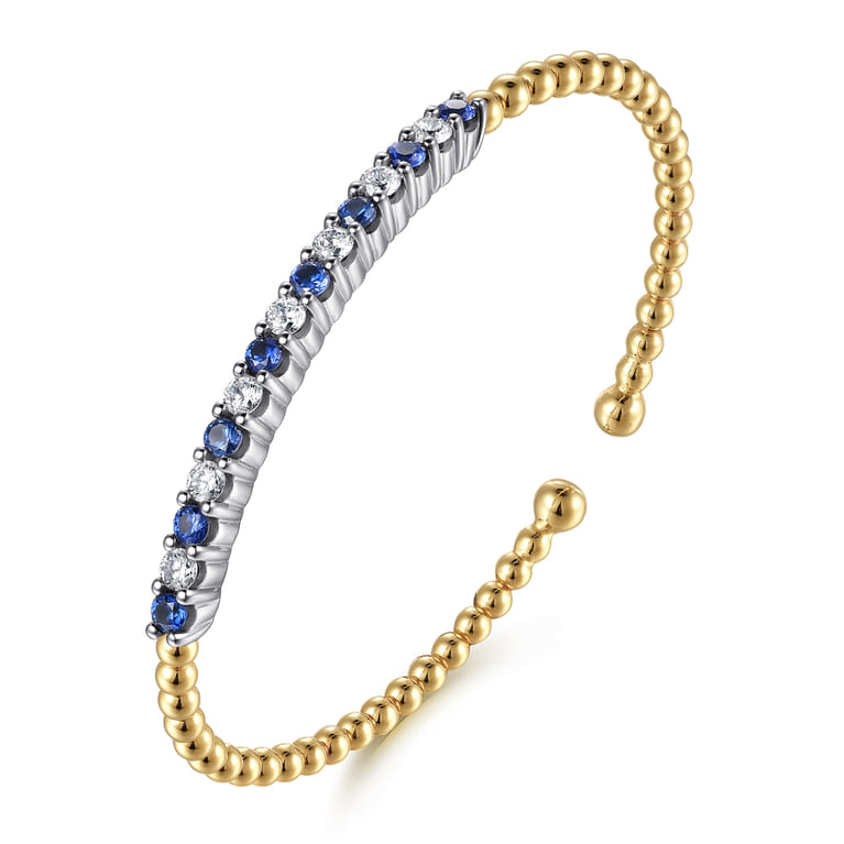 14K White  Yellow Gold Bujukan Diamond and Blue Sapphire Split Bangle Bracelet - 0.7 ct - Shot 2