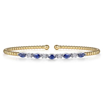 14K White  Yellow Gold Bujukan Diamond and Marquise Blue Sapphire Split Bangle Bracelet
