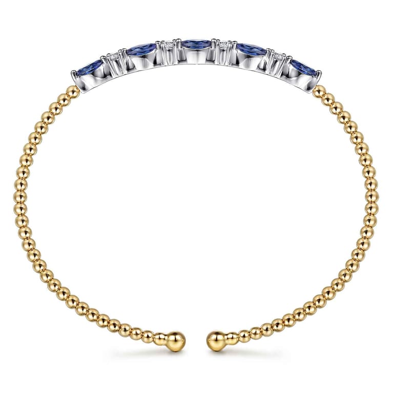 14K White  Yellow Gold Bujukan Diamond and Marquise Blue Sapphire Split Bangle Bracelet - 0.15 ct - Shot 3
