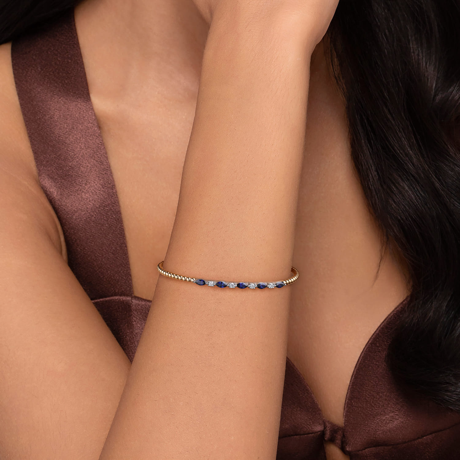 14K White  Yellow Gold Bujukan Diamond and Marquise Blue Sapphire Split Bangle Bracelet - 0.15 ct - Shot 4