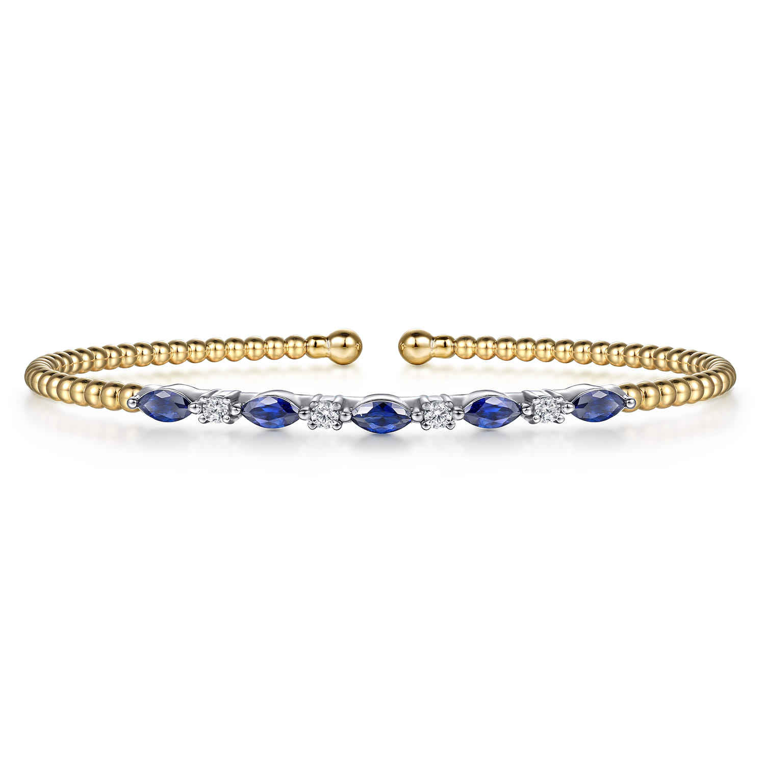 14K White  Yellow Gold Bujukan Diamond and Marquise Blue Sapphire Split Bangle Bracelet - 0.15 ct - Shot 1