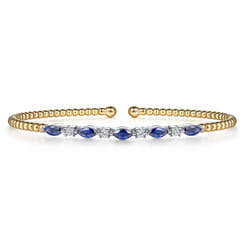 14K White  Yellow Gold Bujukan Diamond and Marquise Blue Sapphire Split Bangle Bracelet