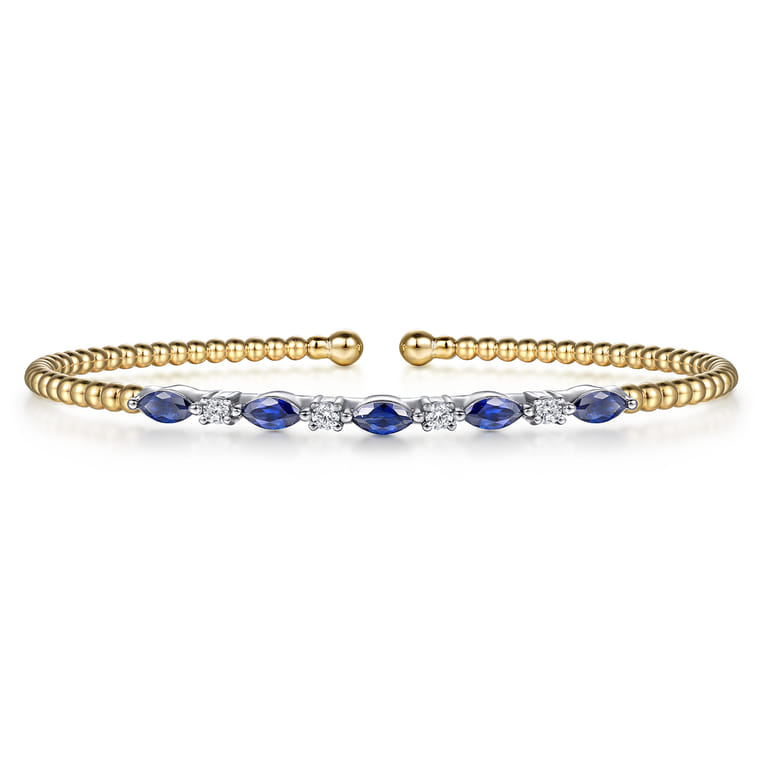 14K White  Yellow Gold Bujukan Diamond and Marquise Blue Sapphire Split Bangle Bracelet - 0.15 ct - Shot 1