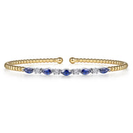 14K White  Yellow Gold Bujukan Diamond and Marquise Blue Sapphire Split Bangle Bracelet