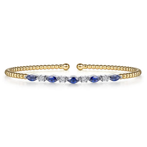 14K White  Yellow Gold Bujukan Diamond and Marquise Blue Sapphire Split Bangle Bracelet