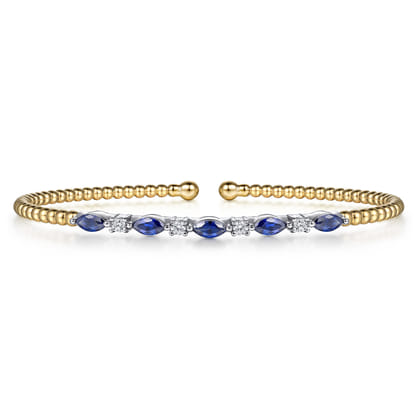 14K White  Yellow Gold Bujukan Diamond and Marquise Blue Sapphire Split Bangle Bracelet