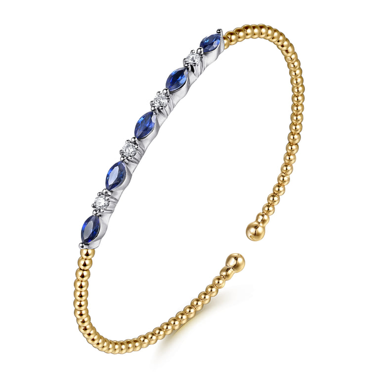14K White  Yellow Gold Bujukan Diamond and Marquise Blue Sapphire Split Bangle Bracelet - 0.15 ct - Shot 2