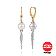 14K White Yellow Gold Bujukan Diamond and Pearl Spike Leverback Drop Earrings