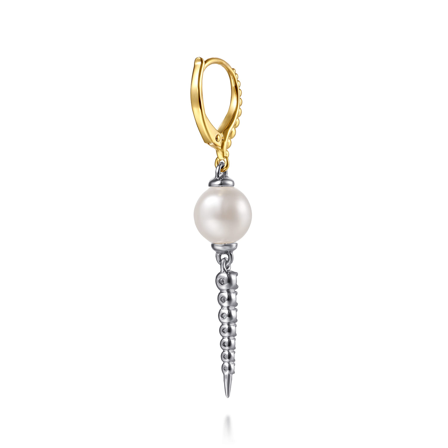 14K White Yellow Gold Bujukan Diamond and Pearl Spike Leverback Drop Earrings - 0.25 ct - Shot 2