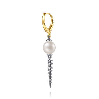 14K White Yellow Gold Bujukan Diamond and Pearl Spike Leverback Drop Earrings