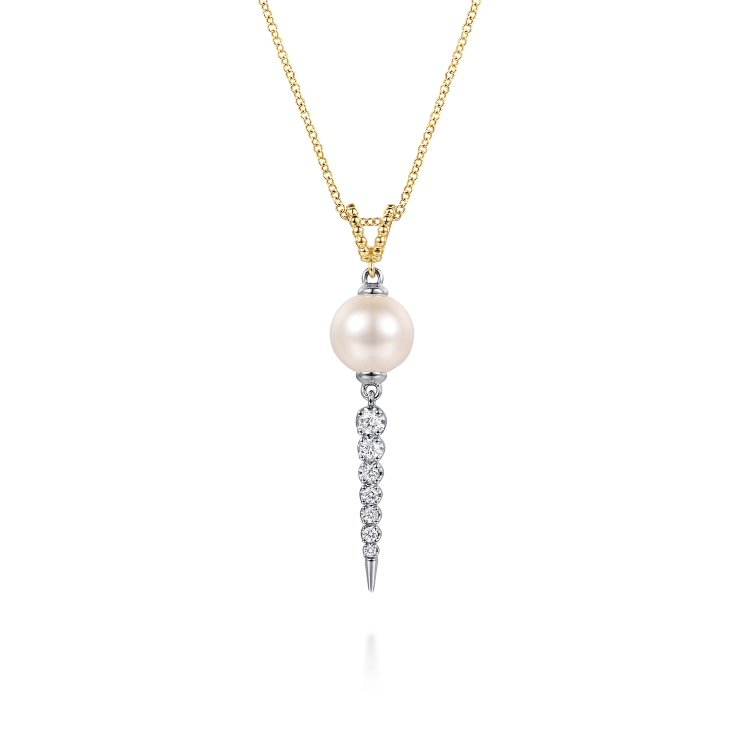 14K White Yellow Gold Bujukan Diamond and Pearl Spike Pendant Drop Necklace - 0.22 ct - Shot 1