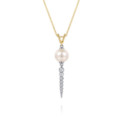 14K White Yellow Gold Bujukan Diamond and Pearl Spike Pendant Drop Necklace