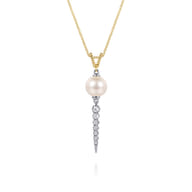 14K White Yellow Gold Bujukan Diamond and Pearl Spike Pendant Drop Necklace