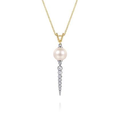 14K White Yellow Gold Bujukan Diamond and Pearl Spike Pendant Drop Necklace